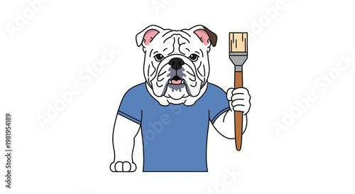 Cartoon bulldog in a blue t-shirt holding a paintbrush, funny animal character for renovation and DIY projects