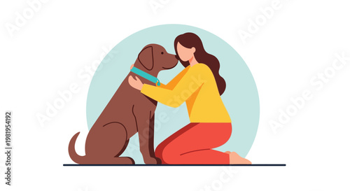 Woman kneeling and embracing her brown dog lovingly, illustrating a heartfelt connection and companionship.