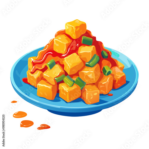 Photos Bowl of stir fried tofu cubes with vegetables for healthy vegetarian protein and