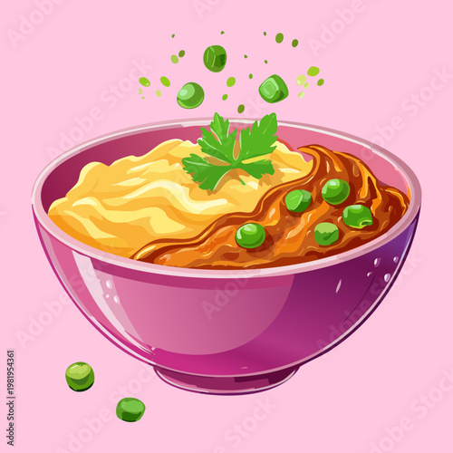 Savory mashed potatoes topped with rich gravy and peas in pink bowl for hearty homemade meal - Vector Illustration