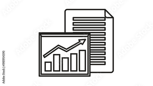Business report and data analysis vector icon illustration featuring a document with a growth chart, bar graph, and upward arrow, symbolizing financial success, statistics, and analytics.
