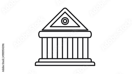 Classical building vector icon featuring a pediment and columns, symbolizing a bank, museum, courthouse, or university. Minimalist black line illustration for finance, law, and education.
