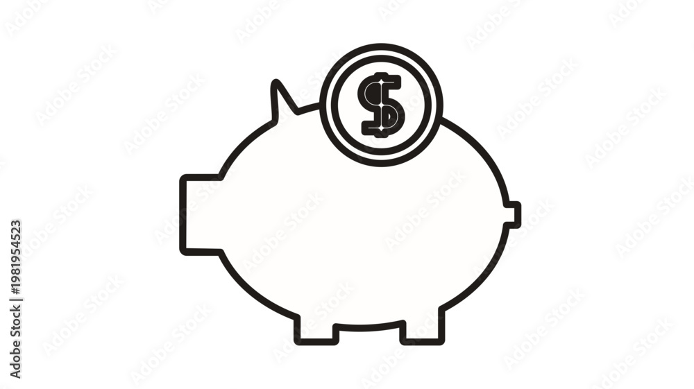 Fototapeta premium Black outline vector icon of a piggy bank with a dollar coin being inserted, representing savings, finance, investment, and wealth management. Minimalist graphic symbol for banking and economy.