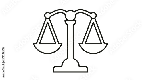 Scales of Justice Vector Icon Illustration: Minimalist Black Line Art Symbol for Law, Legal System, Equality, Fairness, and Judicial Balance, Scalable Graphic Design Element on White Background