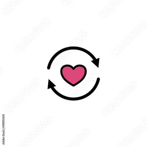 Minimalist icon featuring a pink heart symbol surrounded by two circular refresh arrows. Flat outline vector illustration representing health cycle, romantic renewal, continuous love.