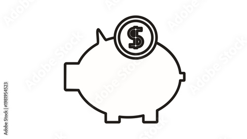 Black outline vector icon of a piggy bank with a dollar coin being inserted, representing savings, finance, investment, and wealth management. Minimalist graphic symbol for banking and economy.