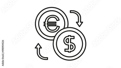 Currency exchange vector icon featuring Euro and Dollar coins with circular arrows representing money conversion, financial transactions, and global trade in a clean minimalist line art style.