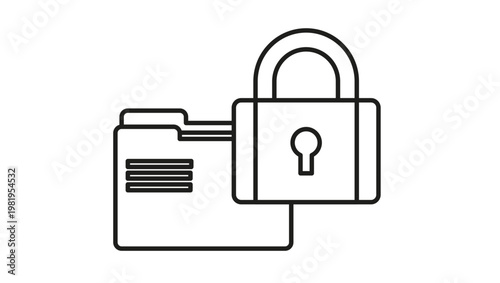 Black line art vector icon of a file folder with a padlock, representing data security, privacy, and protected information. Minimalist illustration of a locked document folder for web design.