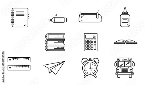 Black and white of school and office supplies including notebook ruler books calculator alarm clock pencil sharpener tape and school bus