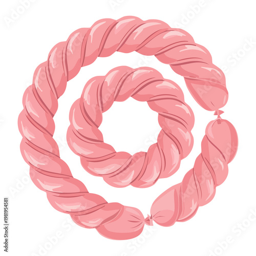 Spiral of thin pink sausages for breakfast cooking and adding savory protein flavor to various dishes - Vector Illustration