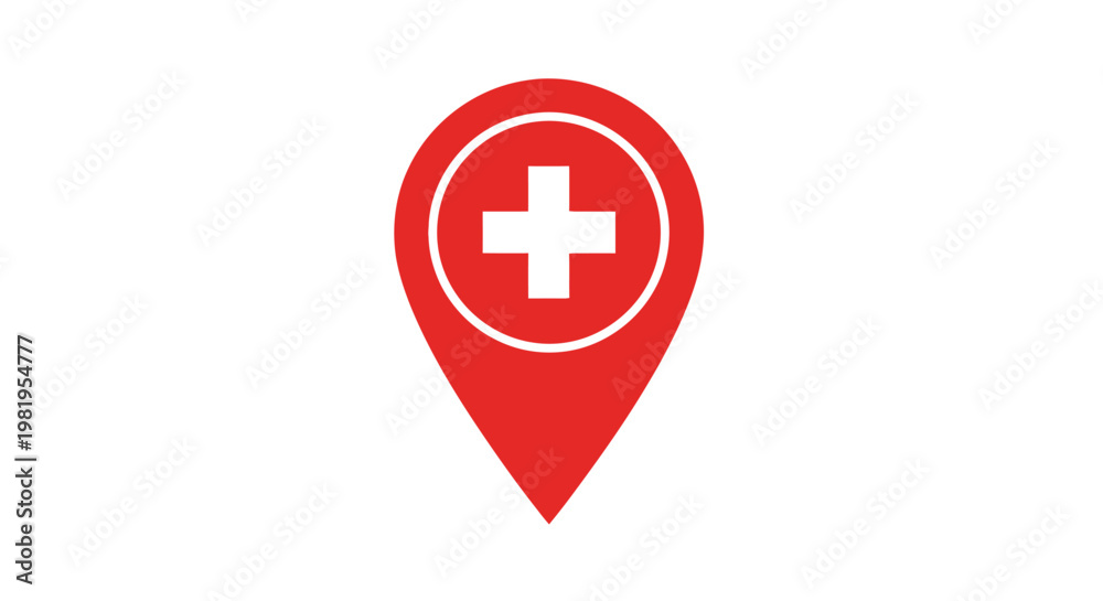 Fototapeta premium Red medical location pin with white cross symbol.