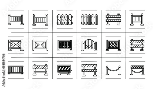 Collection of various black and white barrier and fence striped