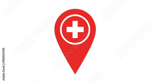 Red medical location pin with white cross.