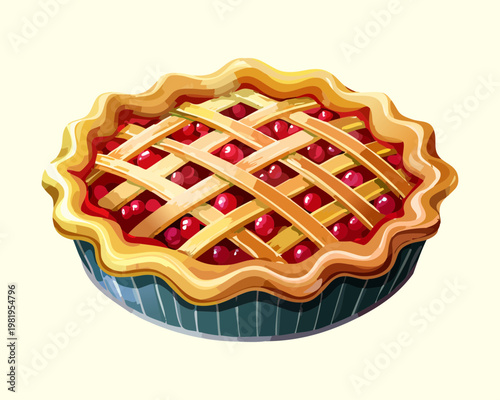 Round fruit berry pie for delicious sweet dessert and bakery shop menu with fresh crusty pastry dough - Vector Illustration