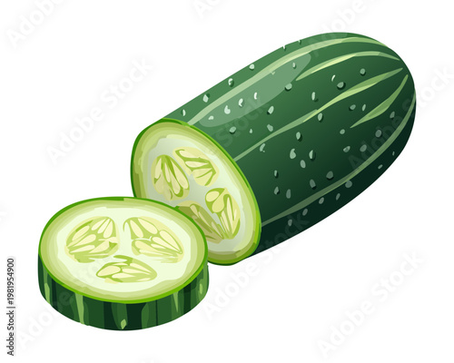 Sliced fresh green cucumber for healthy salad snack and organic vegetable diet for refreshing nutrition in summer - Vector Illustration