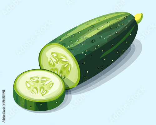 Sliced fresh green cucumber for healthy salad ingredient and organic vegetable diet for nutrition and vitamins - Vector Illustration
