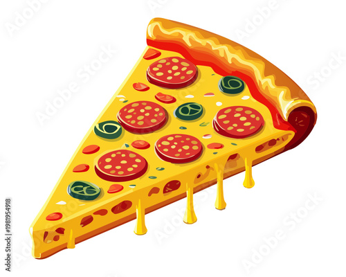 Slice of cheesy pepperoni pizza for delicious fast food snack and Italian restaurant dinner meal for party - Vector Illustration