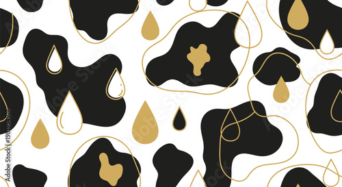 Abstract pattern of black gold teardrop shapes.