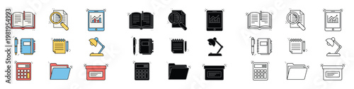 Collection of colorful and black and white office including books notebooks calculator lamp computer phone