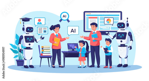 Robots and teachers in AI education, modern classroom, futuristic learning, technology integration