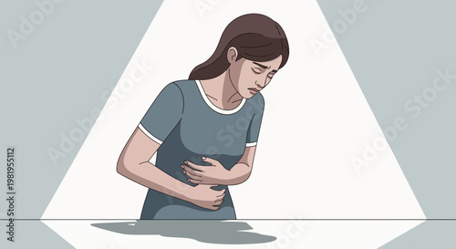 Woman suffering from stomach ache, holding her belly in pain, discomfort, health problem