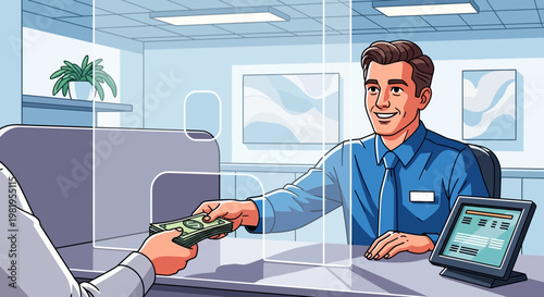 Bank teller handing money to customer through protective glass, financial transaction