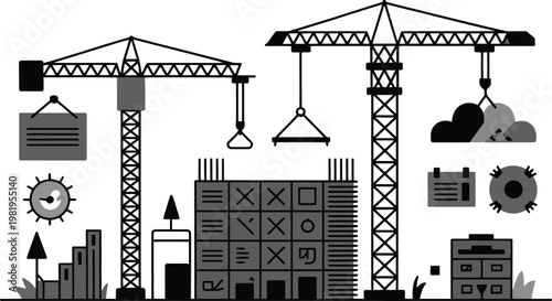 Heavy construction machinery and tower cranes working on a developing urban infrastructure project site area
