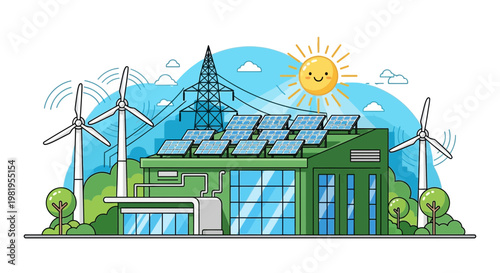 Green energy power plant with solar panels and wind turbines, clean renewable electricity generation