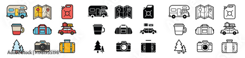 Collection of colorful depicting travel maps books suitcases cameras cars and trees
