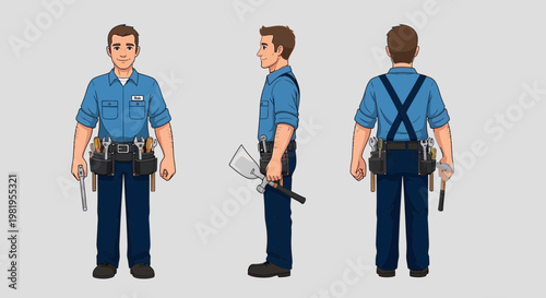 Handyman Character Front, Side, and Back View with Tools and Tool Belt