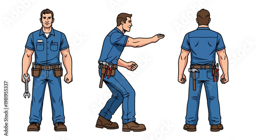 Male Mechanic in Blue Uniform, Front, Side, and Back Views, Holding Tools