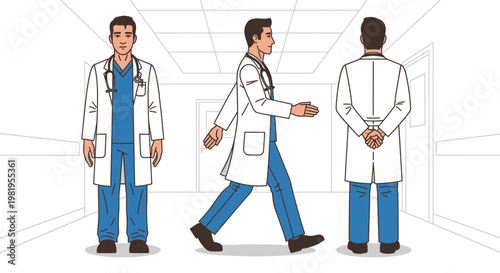 Doctor in Lab Coat: Front, Side, and Back Views in Hospital Corridor