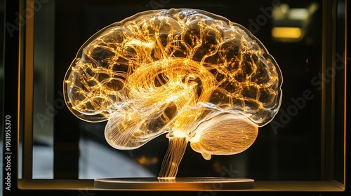shortcoming. Translucent glass brain sculpture with glowing golden filaments inside. product launch decks, UI/UX mockups, designed for product launches and innovation pitches, used by copywriters.