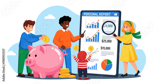 Family saving money, investing, financial planning, piggy bank, personal report, growth chart