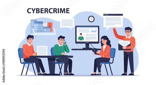 Cybercrime concept, team working on computer security and data protection