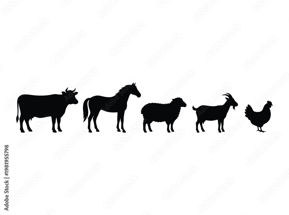 Obraz premium Black silhouettes of cow, horse, sheep, goat, and chicken
