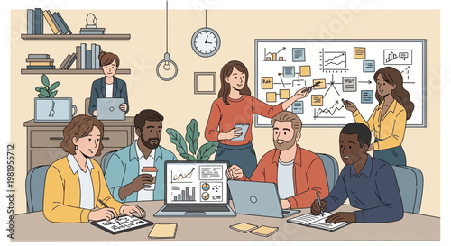 Diverse team collaborating in modern office, planning strategy on whiteboard with charts