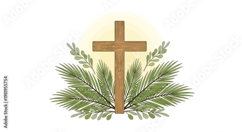 Wooden Cross with Palm Branches and Halo - Easter and Christian Symbolism