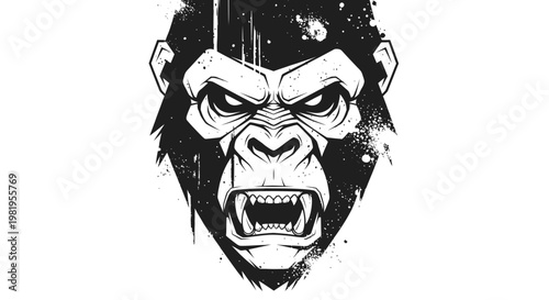 Aggressive Gorilla Face Black and White Grunge Art