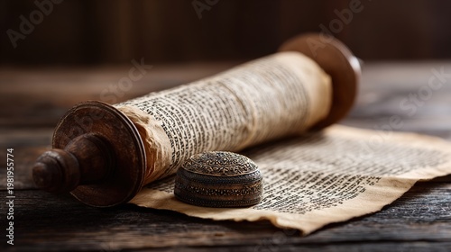 kippah. Open Hebrew scripture scroll with a kippah on a dark wooden table. event programs, museum guides, designed for cultural heritage projects and event programs.