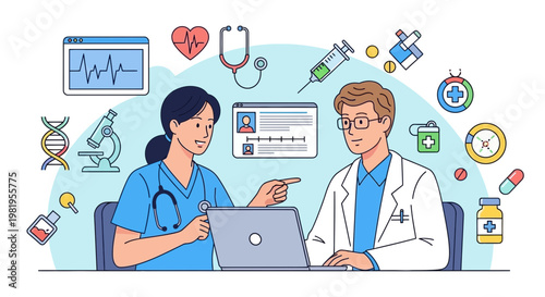 Medical professionals collaborating on digital health records with futuristic medical icons