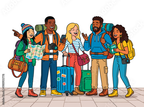 A group of happy travelers with luggage and backpacks standing together on a tile floor