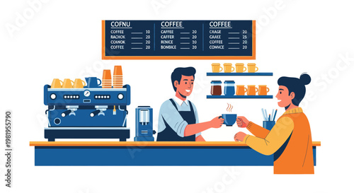 Barista Serving Coffee to Customer at Cafe Counter