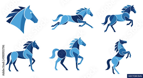 Blue Horse Silhouette Set: Abstract Geometric Designs