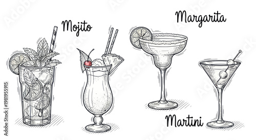 Hand-drawn Cocktails: Mojito, Margarita, Martini, and Tropical Drink