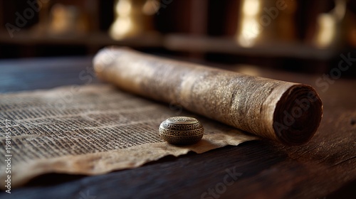 kippah. Open Hebrew scripture scroll with a kippah on a dark wooden table. event programs, museum guides, designed for cultural heritage projects and event programs.