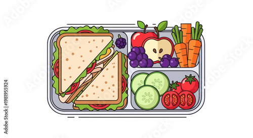 Healthy Lunchbox with Sandwich, Fruits, and Vegetables