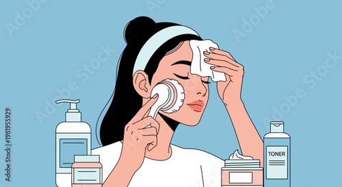 Woman cleansing face with brush and toner, skincare routine, beauty products