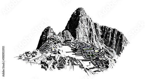 Machu Picchu ancient Inca citadel in Andes mountains, Peru. Hand-drawn sketch.