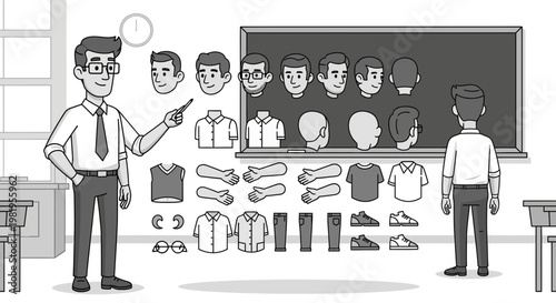 Teacher demonstrating character creation with diverse assets on blackboard